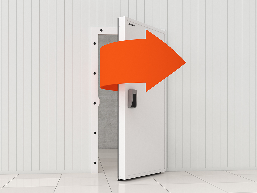 Накладной монтаж снаружи помещения с расположением петель справа.